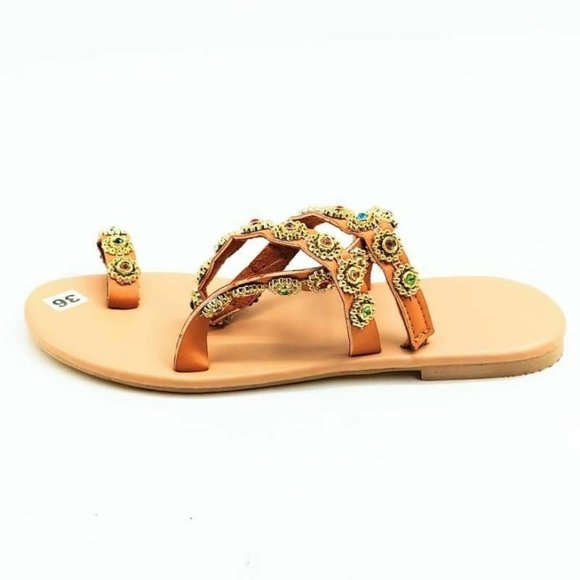 Womens Strappy Sandals Brown Floral Rhinestone New‎ - Picture 1 of 9